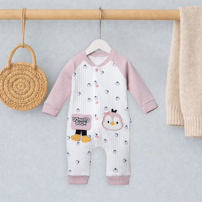 Duck Figürlü Lila Bebek Tulumu – %100 Pamuk Bebek Tulumu